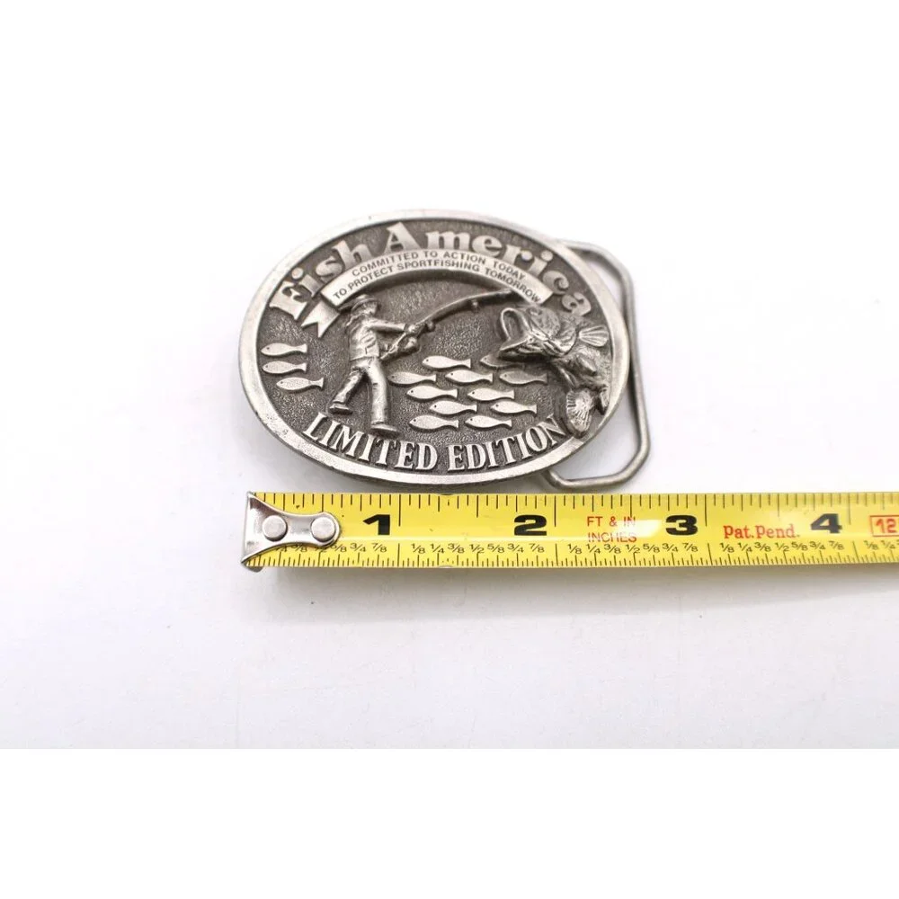 Fish America Belt Buckle Oval Design Sportfishing Pewter Ltd Edt USA Made Vtg